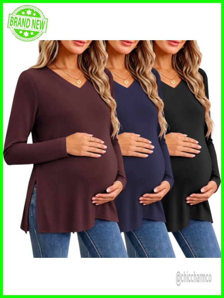 3 Pack Maternity Long Sleeve V Neck Tops With Split Side